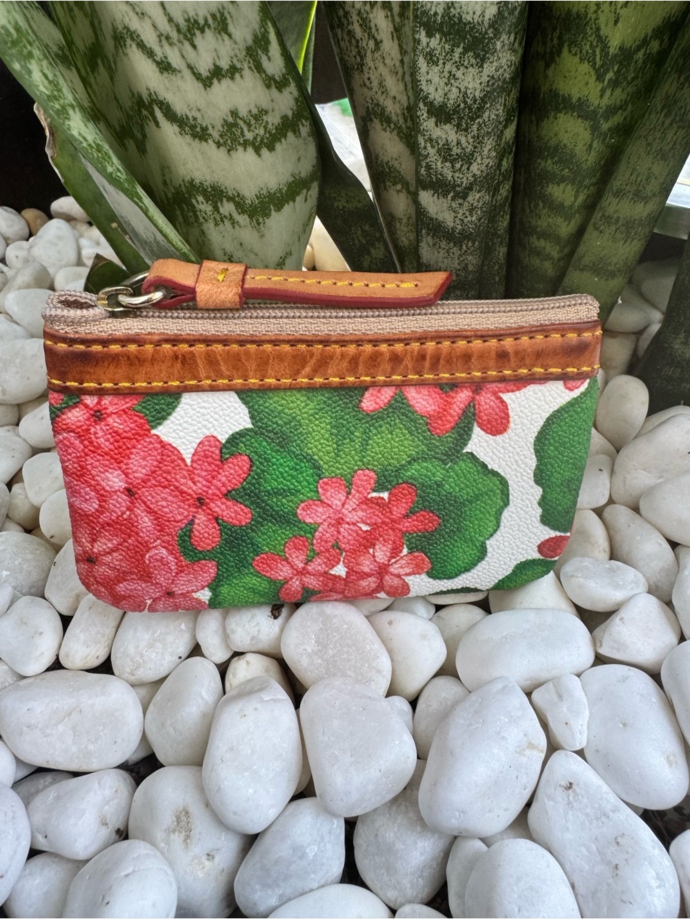 Dooney & Bourke Floral Coin Purse Zip Pouch Wallet Pink Green